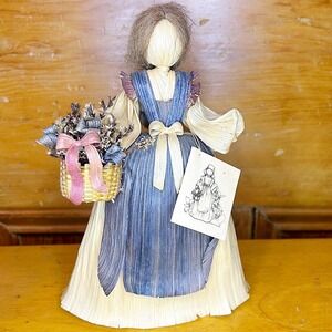 Vintage Handmade Corn Husk Doll in Blue Dress with Dried Basket of Flowers